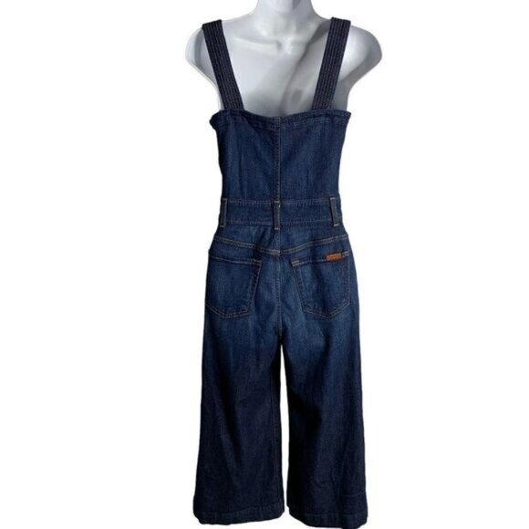 7 for All Mankind Retro Denim Jumpsuit 25 Med Wash Cropped Wide Leg Pockets Zip - Picture 5 of 9